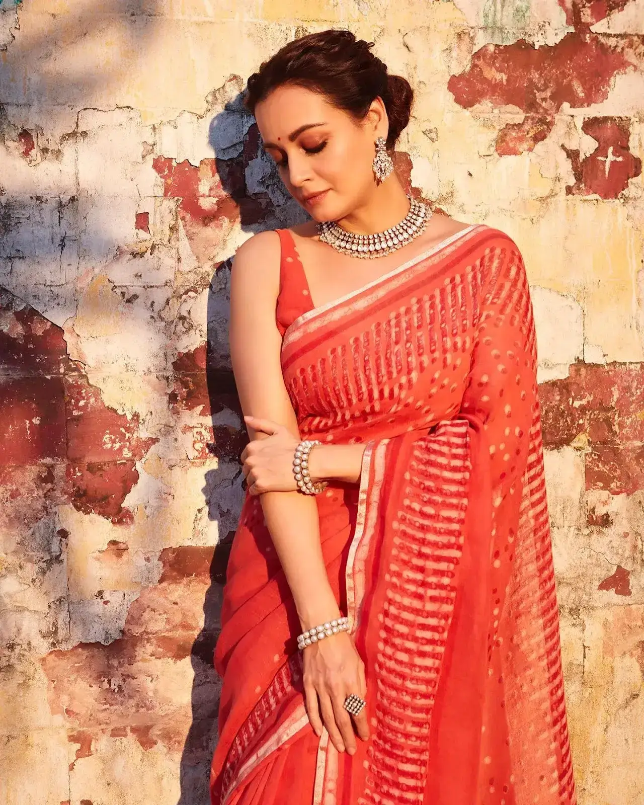 Indian Actress Dia Mirza Images In Traditional Red Saree